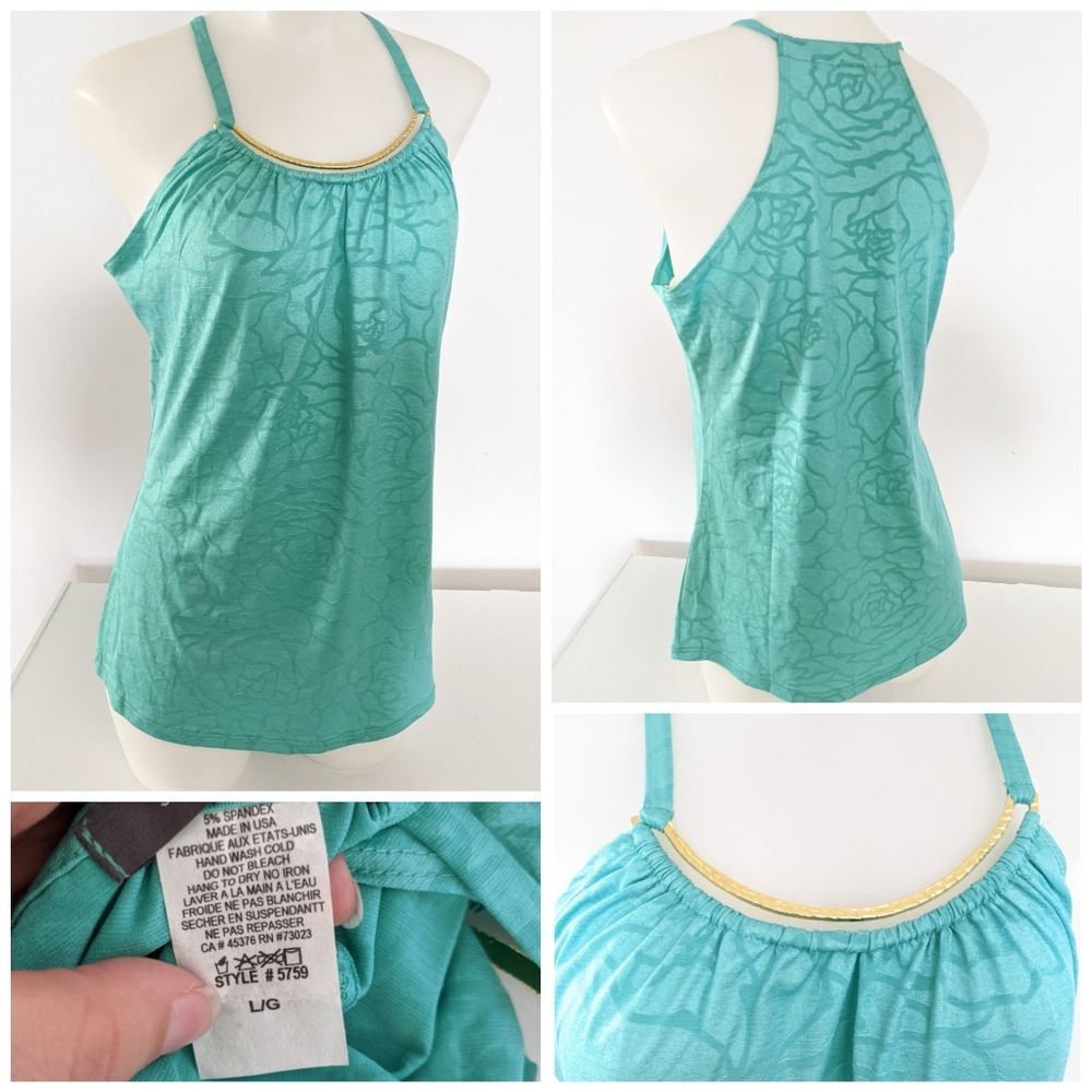 Flowers Print Mint Green Top W/ Metallic Gold Part